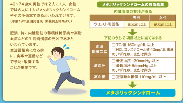 40～74歳の男性では2人に1人、女性では5人に1人がメタボリックシンドロームやその予備軍であるといわれています。（平成19年度国民健康・栄養調査結果より）肥満、特に内臓脂肪の蓄積は糖尿病や高脂血症などの生活習慣病の元凶であるといわれています。生活習慣病になる前に、食事や運動などで予防・改善することが重要です。40～74歳の男性では2人に1人、女性では5人に1人がメタボリックシンドロームやその予備軍であるといわれています。