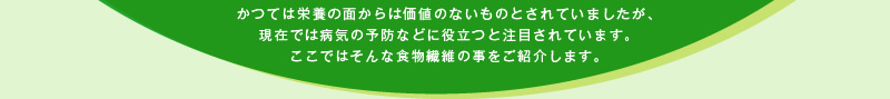 かつては栄養の面からは価値のないものとされていましたが、現在では病気の予防などに役立つと注目されています。ここではそんな食物繊維の事をご紹介します。