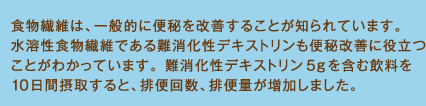 食物繊維は、一般的に便秘を改善することが知られています。水溶性食物繊維である難消化性デキストリンも便秘改善に役立つことがわかっています。難消化性デキストリン5gを含む飲料を10日間摂取すると、排便回数、排便量が増加しました。