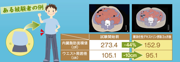 難消化性デキストリン10ｇを、1日3回食事とともに12週間とり続けた結果、内臓脂肪面積が減少しました。